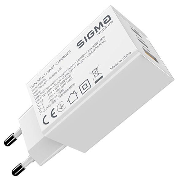 Фото - Мережевий зарядний пристрій Sigma mobile X-power 65W GaN, PD, QC (2xUSB-C + 1xUSB-A) White (PS65-01)